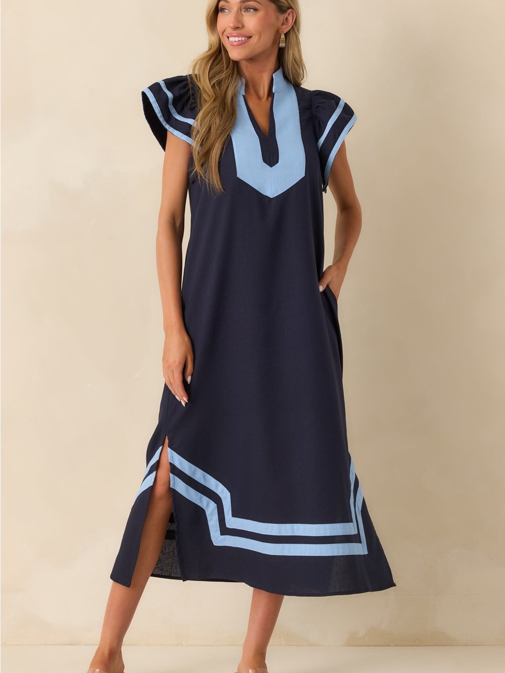 Entro Navy Maxi Dress with Light Blue Trim